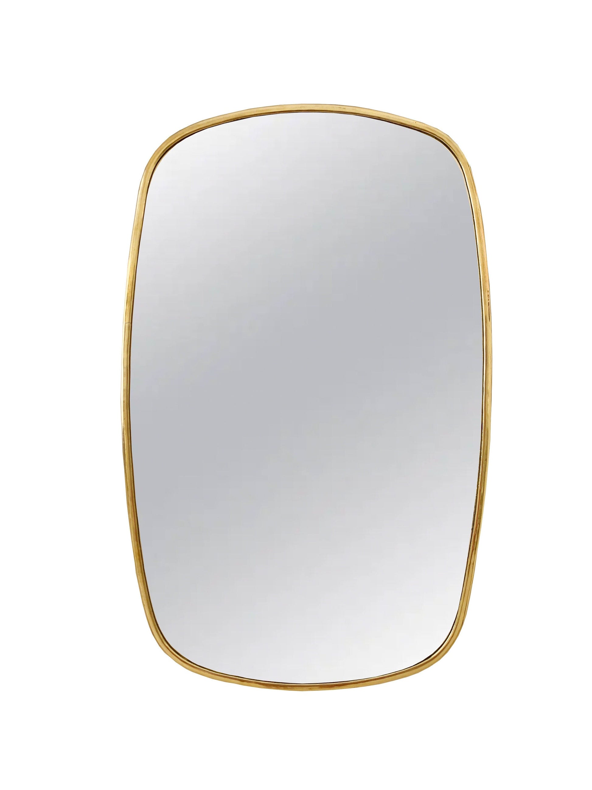 a square mirror with a gold frame on a white background