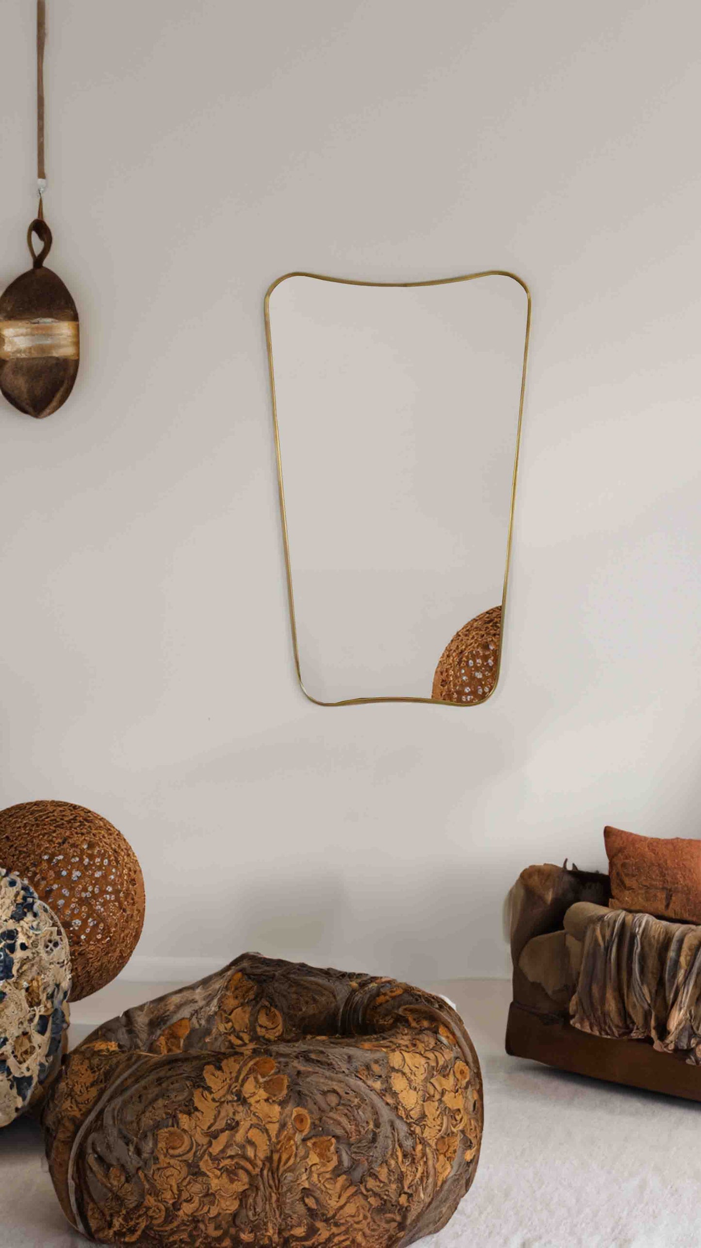 Butterfly Black Frame Mirror - Curved Unlacquered Brass Mirror